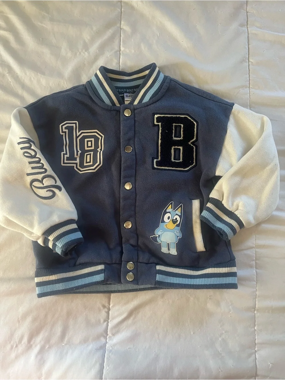 Bluey Blue & White Varsity Jacket for Kids with Cartoon Patch